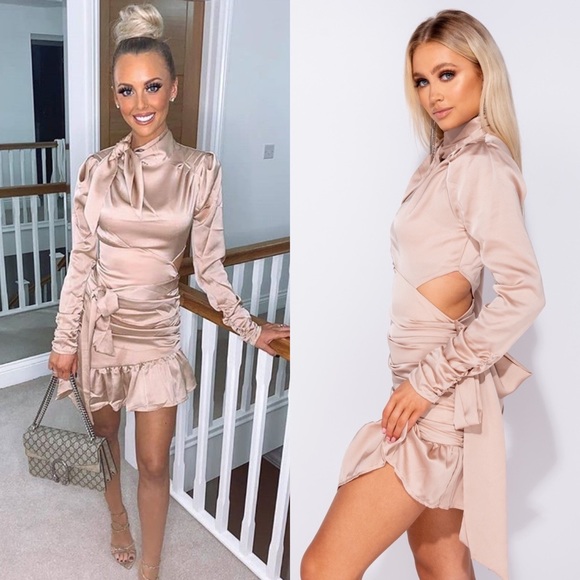 Paris&Pearle Dresses & Skirts - Winnie Champagne Satin Ruffle Hem High Neck Dress